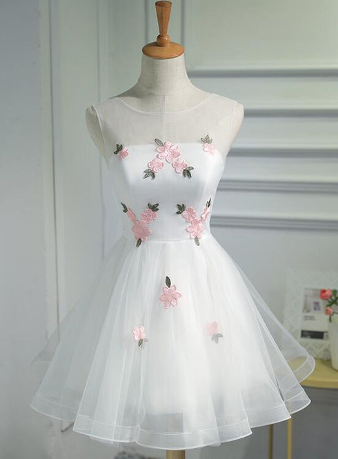Lovely White Short Party Dress with Flowers, Cute Graduation Dress