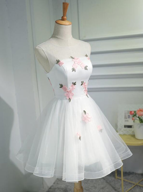 Lovely White Short Party Dress with Flowers, Cute Graduation Dress