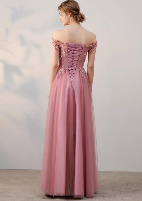 Pink Off Shoulder Tulle Long Party Dress, Pink Bridesmaid Dress
