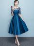Lovely Blue Short Sleeves Lace and Satin Party Dress, Blue Homecoming Dresses