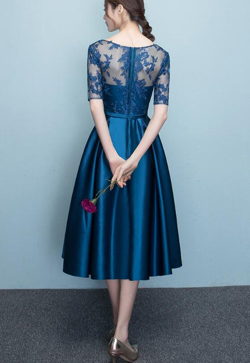 Lovely Blue Short Sleeves Lace and Satin Party Dress, Blue Homecoming Dresses