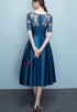 Lovely Blue Short Sleeves Lace and Satin Party Dress, Blue Homecoming Dresses
