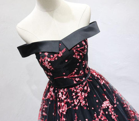 Beautiful Black Long Floral Lace Party Dress, Off Shoulder Prom Dress