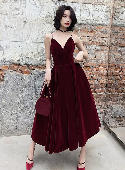 Charming Sweetheart Straps Tea Length Party Dress,Red Formal Dress