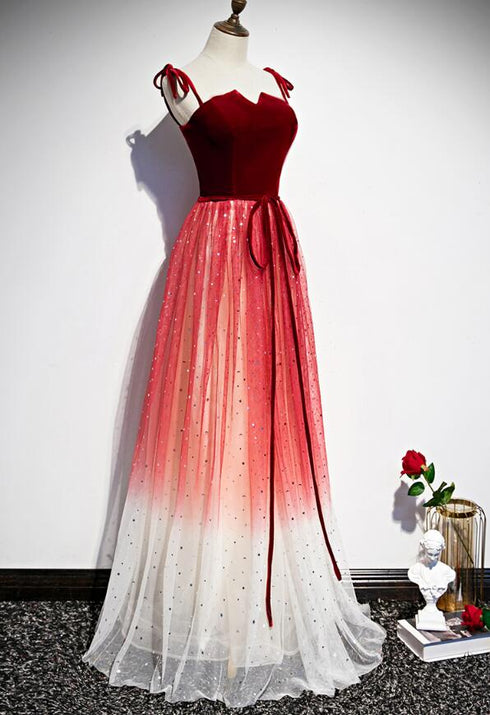Pretty Red Tulle with Sequins Long Party Gown, Beautiful Red Formal Dress