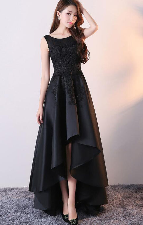 Black Satin with Lace High Low Prom Dress, Fashionable Homecoming Dress