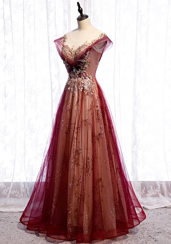 Red Tulle Cap Sleeves Long Party Dress, A-line Beaded Prom Dress