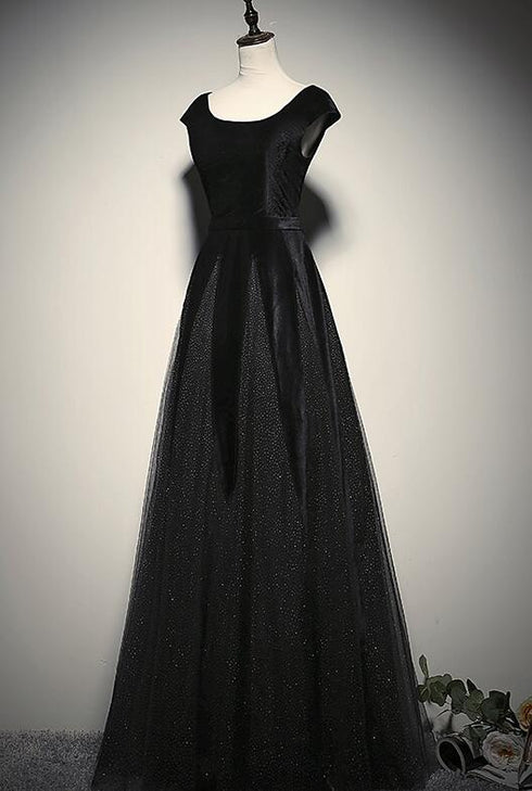 Elegant Black Velvet Cap Sleeves Evening Dress, Black Prom Dress