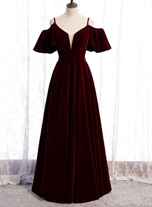 Beautiful Wine Red Velvet Off Shoulder Floor Length Party Dress, Velvet Junior Prom Dress