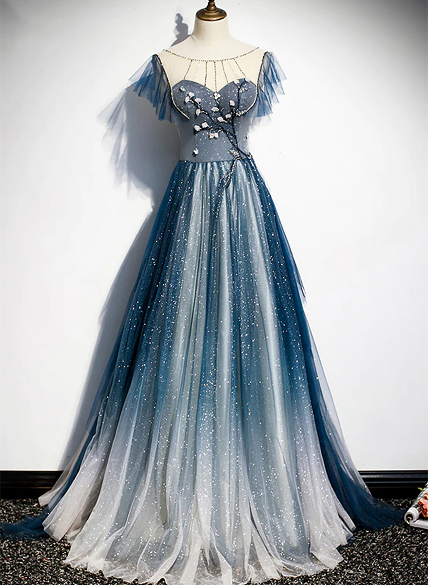 Blue A Line Tulle Long Prom Evening Dress Beading
