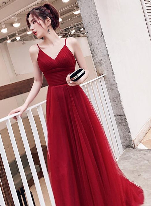 Wine Red Simple Low Back Straps Tulle Prom Dress, Dark Red Formal Dress Party Dress