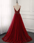 Wine Red Long Tulle V-neckline Beaded Junior Prom Dress, Dark Red Party Dress