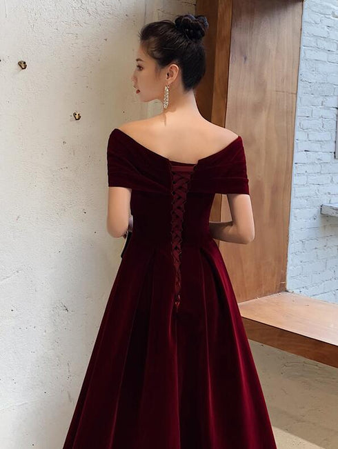 Elegant Burgundy Off Shoulder Sweetheart Velvet Party Dress, A-line Long Formal Dress Prom Dress