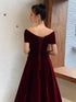 Elegant Burgundy Off Shoulder Sweetheart Velvet Party Dress, A-line Long Formal Dress Prom Dress