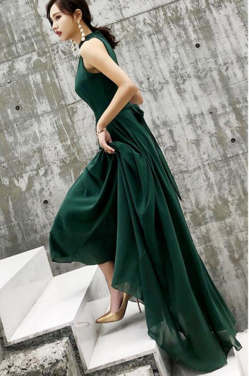 Dark Green Chiffon Halter Floor Length Wedding Party Dress, Green Long Prom Dress