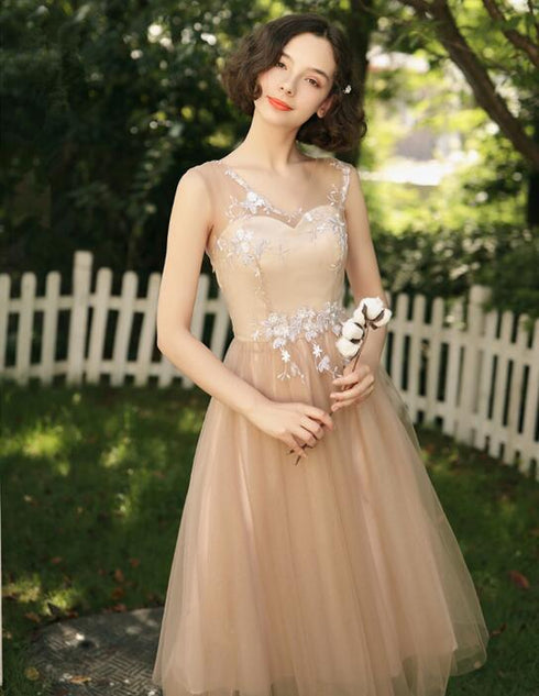Lovely Champagne Tea Length Tulle with Lace Bridesmaid Dress, Cute Homecoming Dress Prom Dress