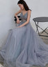 V-neckline Beaded Tulle Long Evening Dress with Leg Slit, Straps Tulle Formal Dresses Prom Dresses