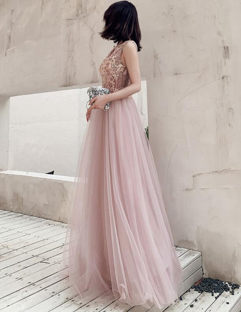 Beautiful V-neckline Pink Tulle with Lace Long Party Dresses, A-line Pink Formal Dresses