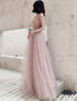 Beautiful V-neckline Pink Tulle with Lace Long Party Dresses, A-line Pink Formal Dresses
