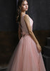 Pink Satin and Tulle V Back Tea Length Party Dress, Pink Wedding Party Dresses