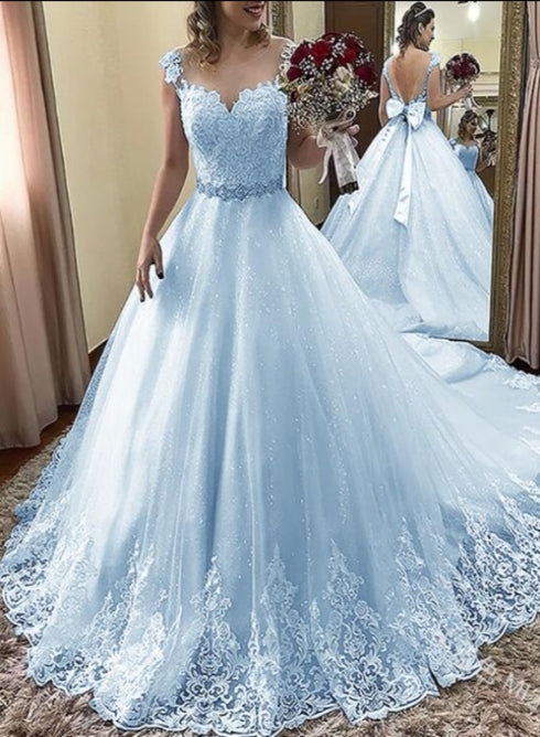 Light Blue Beautiful Shiny Tulle with Lace Round Neckline Formal Dress, Light Blue  Prom Dress