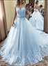 Light Blue Beautiful Shiny Tulle with Lace Round Neckline Formal Dress, Light Blue  Prom Dress