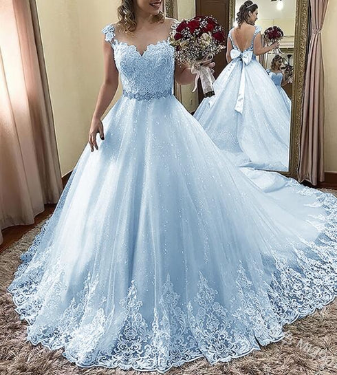 Light Blue Beautiful Shiny Tulle with Lace Round Neckline Formal Dress, Light Blue  Prom Dress