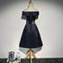 Navy Blue Satin Short Party Dress with Embroidery, Blue Off Shoulder Party Dress