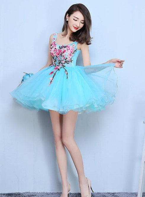 Blue Organza Mini Party Dress with Embroidery Homecoming Dress, Blue Short Dress