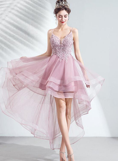 V-neckline Lace Applique Straps High Low Party Dress, Pink Tulle Homecoming Dress