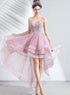 V-neckline Lace Applique Straps High Low Party Dress, Pink Tulle Homecoming Dress
