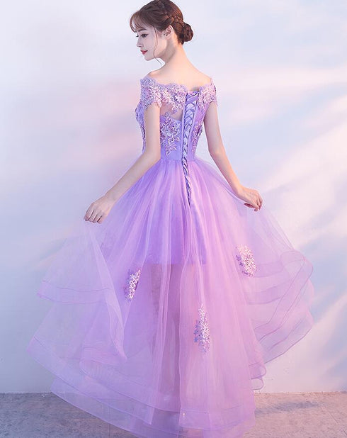 Purple High Low Off Shoulder Lace Applique Prom Dresses, Light Purple Homecoming Dresses
