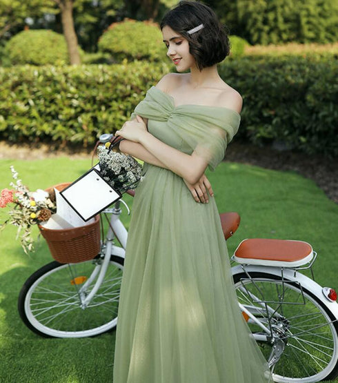 Green Off Shoulder Tulle Long Party Dress, Green Bridesmaid Dresses Party Dress