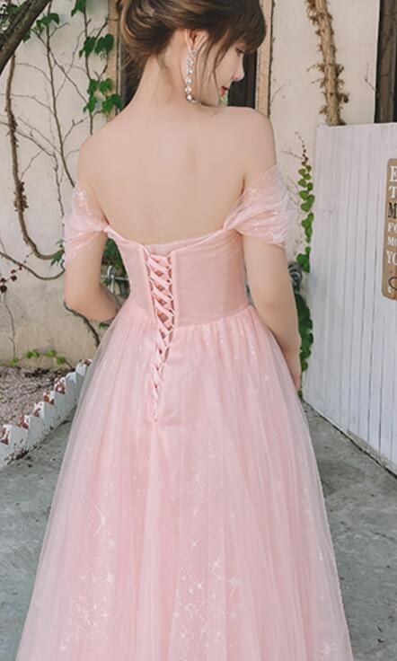 Pink Off Shoulder Tulle Simple A-line Party Dress Prom Dress, Pink Formal Gown 2022
