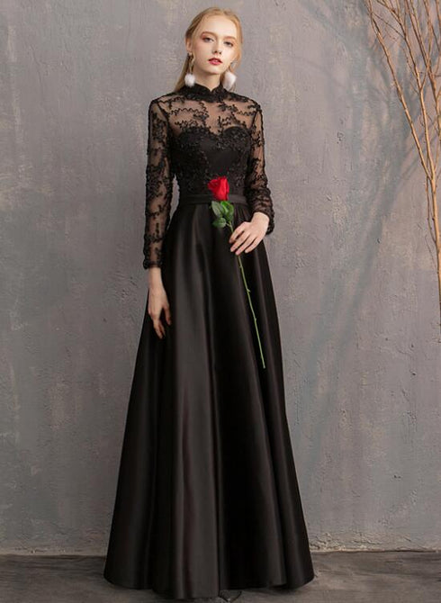 Black Satin and Lace Long Formal Dress Party Dresses, Black Evening Dresses