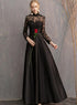 Black Satin and Lace Long Formal Dress Party Dresses, Black Evening Dresses