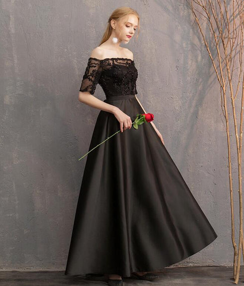 Black Satin and Lace Long Formal Dress Party Dresses, Black Evening Dresses