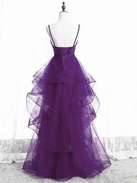 Beautiful Purple Tulle Layers with Lace Long Evening Dresses, Purple Prom Dress Party Dresses