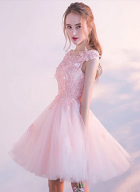 Pink Tulle with Lace and Flowers Short Prom Dresses, Pink Tulle Homecoming Dress