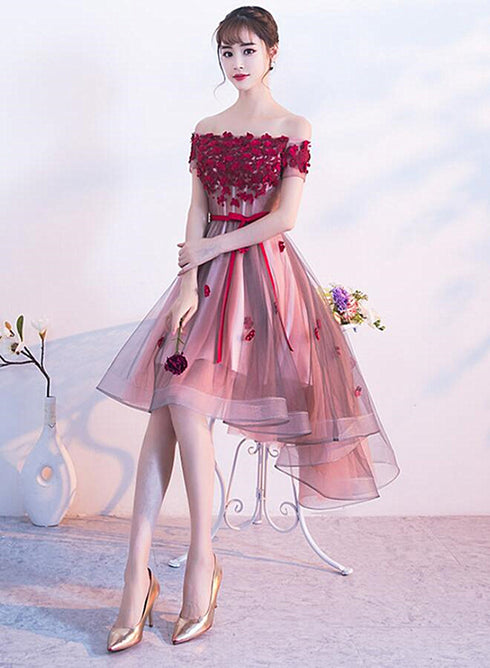 Pink High Low Tulle Party Dress with Flowers, Pink Homecoming Dresses