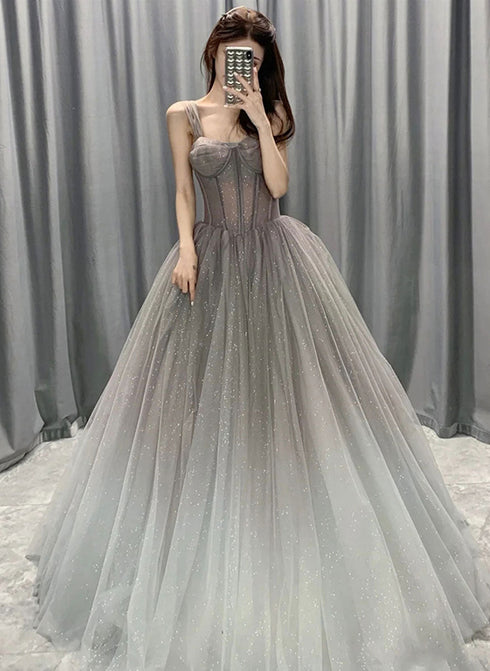 Beautiful Grey Gradient Straps Tulle Long Formal Gown, Tulle Prom Dresses