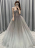 Beautiful Grey Gradient Straps Tulle Long Formal Gown, Tulle Prom Dresses