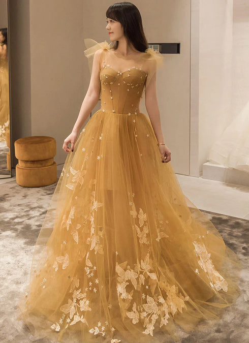 Yellow Tulle with White Lace Long Evening Dress, Yellow Straps Prom Dresses
