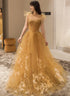 Yellow Tulle with White Lace Long Evening Dress, Yellow Straps Prom Dresses