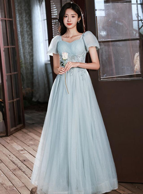 Light Blue Short Sleeves Beaded Tulle Long Party Dress, A-line Blue Formal Dresses