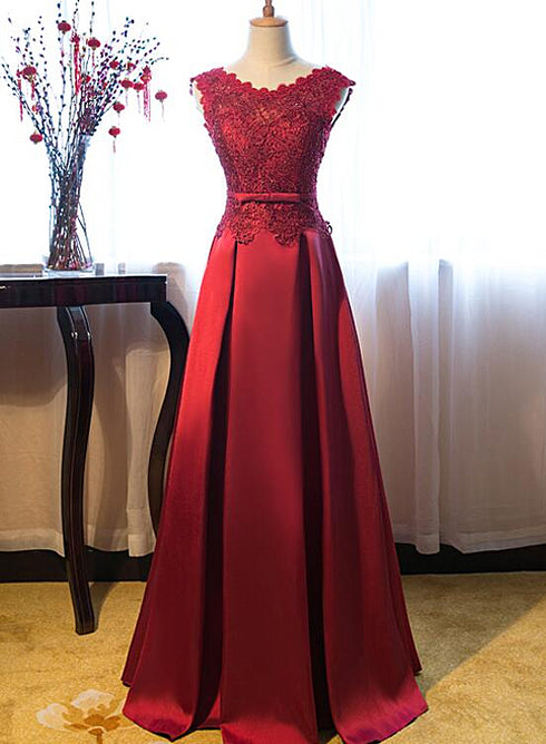 Beautiful Dark Red Lace Long Junior Prom Dress, Lace Top Party Dress