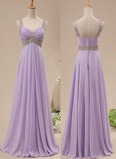 Beautiful Light Purple Chiffon Straps Party Dress, Long Formal Dress