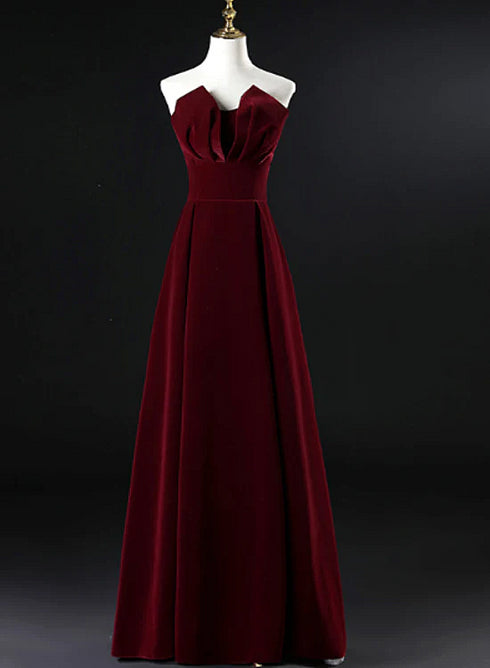 Beautiful Wine Red Velvet Floor Length Long Prom Dress, Dark Red Party Dress