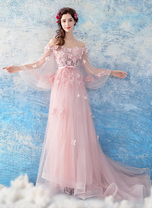 Pink Flowers and Tulle Long Puffy Sleeves Prom Dress, Pink Long Party Dress Evening Dress