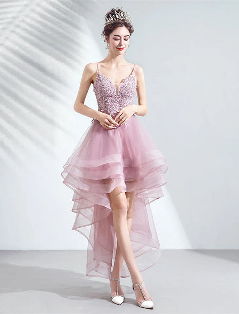 Pink Straps High Low V-neckline Tulle Lace and Beaded Prom Dress, Pink Homecoming Dress